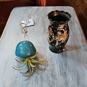 NWT Apricot Mint Faux Air Plant Blue Gold Glass & Black Gold Leaf Vase Set